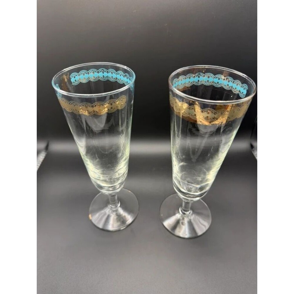 Set of 2 Vintage Gold Filigree Rim Pilsner Beer Glasses
